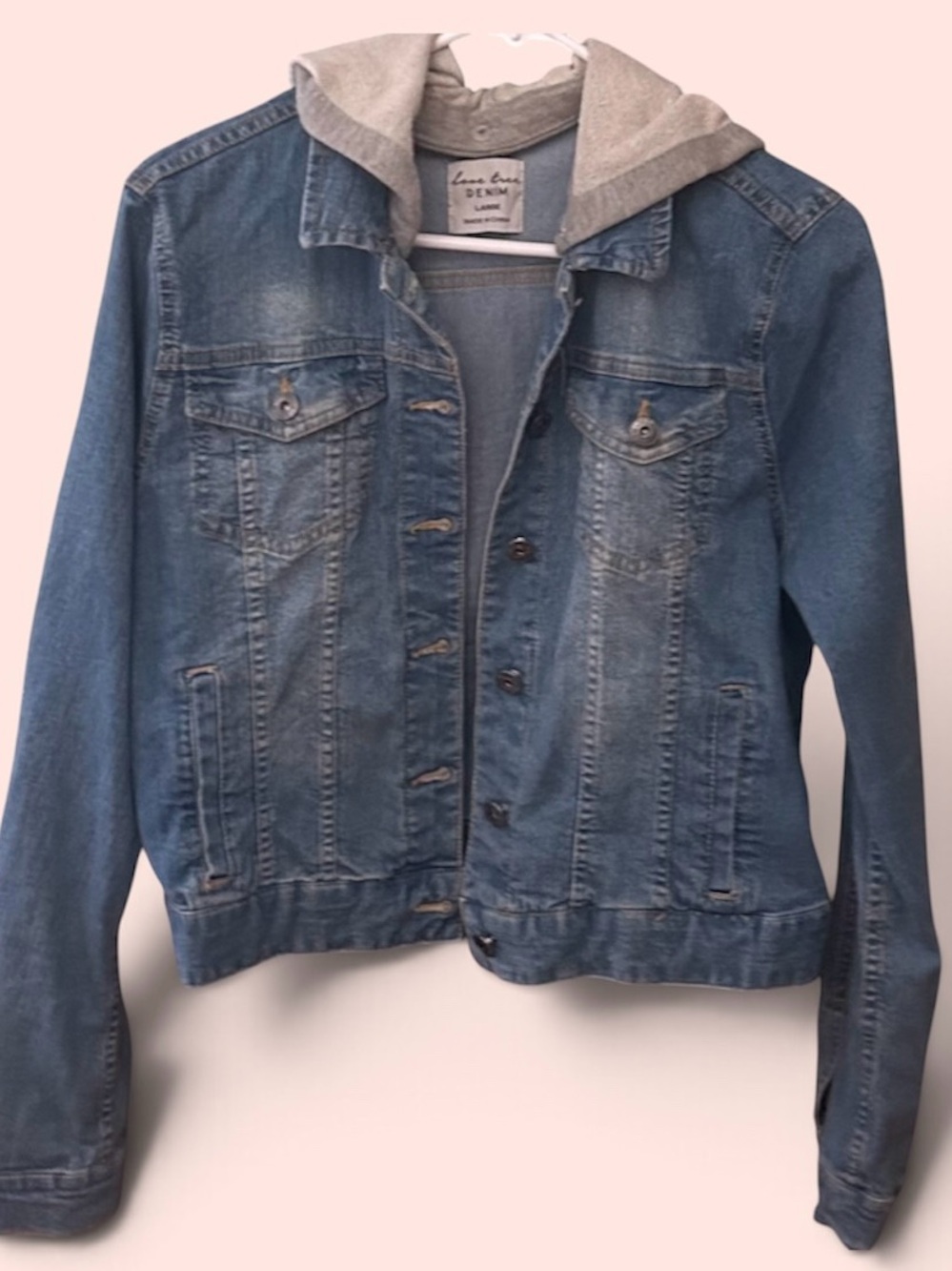 Love Tree Light Blue Denim Jacket with Gray Hood